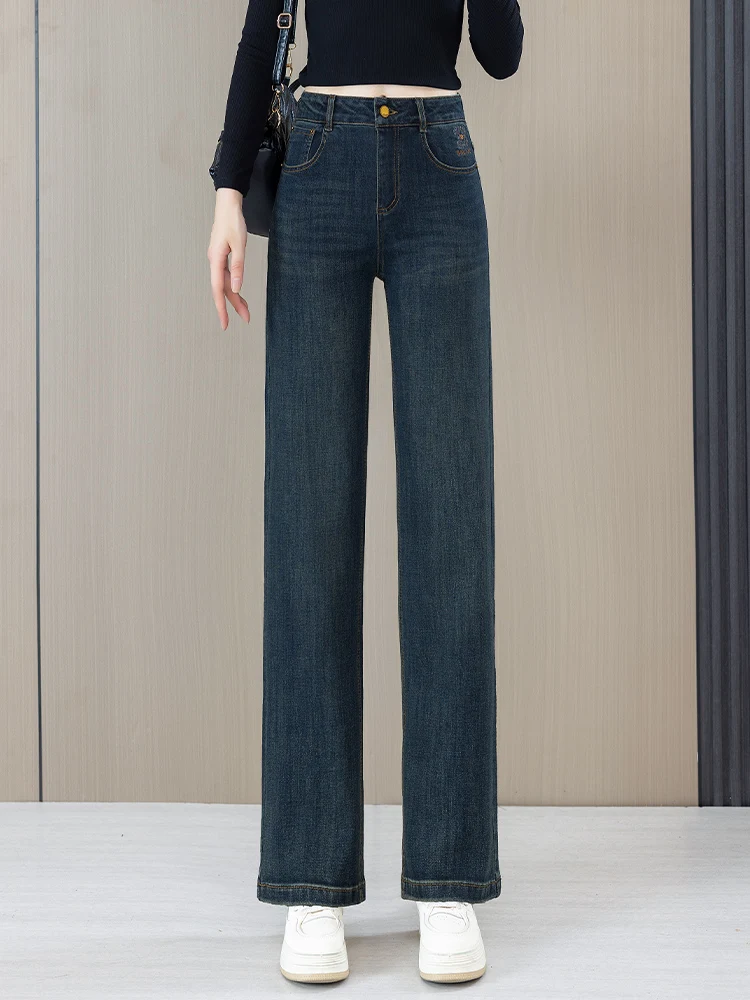 

High Waist Straight Leg Jeans Women's Spring Autumn 2026 New Retro Embroidery Wide Leg Pants Slimming Versatile Skinny Jeans