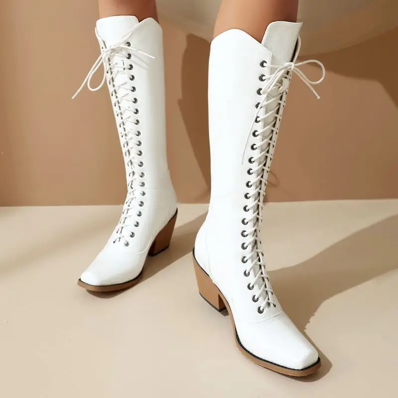 

ORCHALISA/Новая обувь 2024, женские римские сапоги до колена с круглым носком, на массивном каблуке со шнуровкой, большие размеры 40–41, ботильоны для отдыха и верховой езды