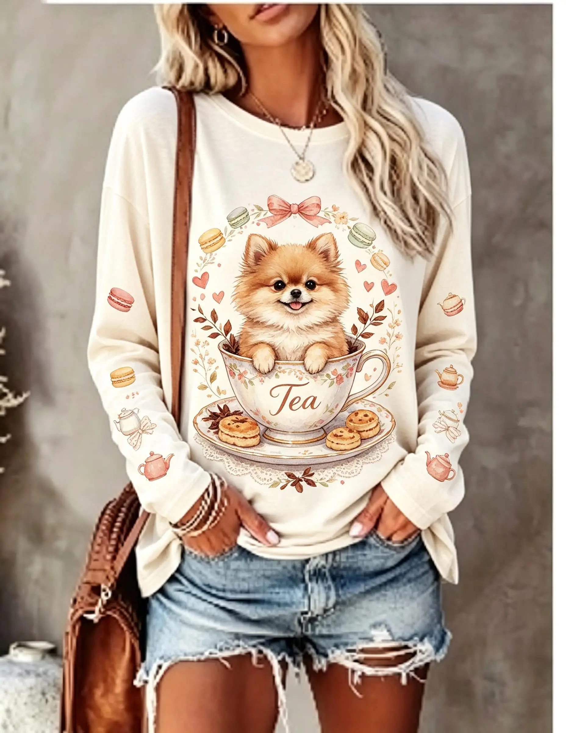 Women Long Sleeve T Shirt Cute Pomeranian Dog In Teacup Macaron Print Crew Neck Casual Fall Tops