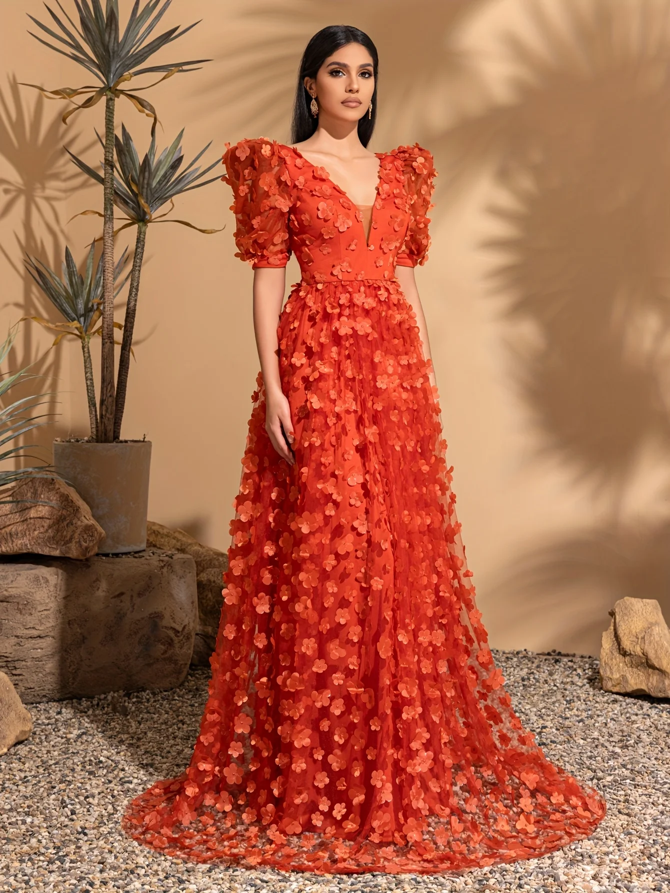 V-neck puff sleeve mesh applique wedding dress, party dress