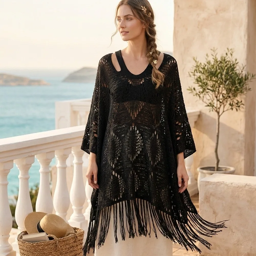 Casual Sun Protection Bohemian Shawl Tassels Beach Wear Knit Hollow Out Top Plus Size Loose Crochet Top Women Streetwear