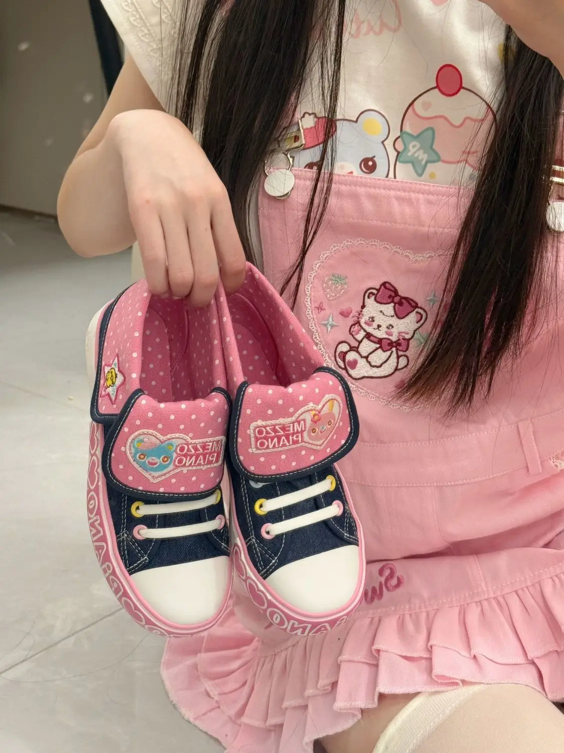 Japanese Cartoon Mp Embroidery Cute Pink Canvas Shoes Autumn New All Match Sweet Girl Jojifuku Denim Shoes Y2k Accessories
