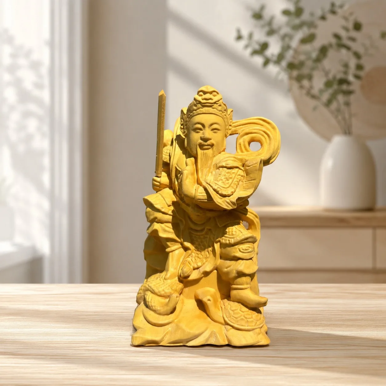 Hand Carved Boxwood Zhenwu Emperor Statue Exquisite Chinese Feng Shui Ornament for Home Living Room Desk Decor Gift