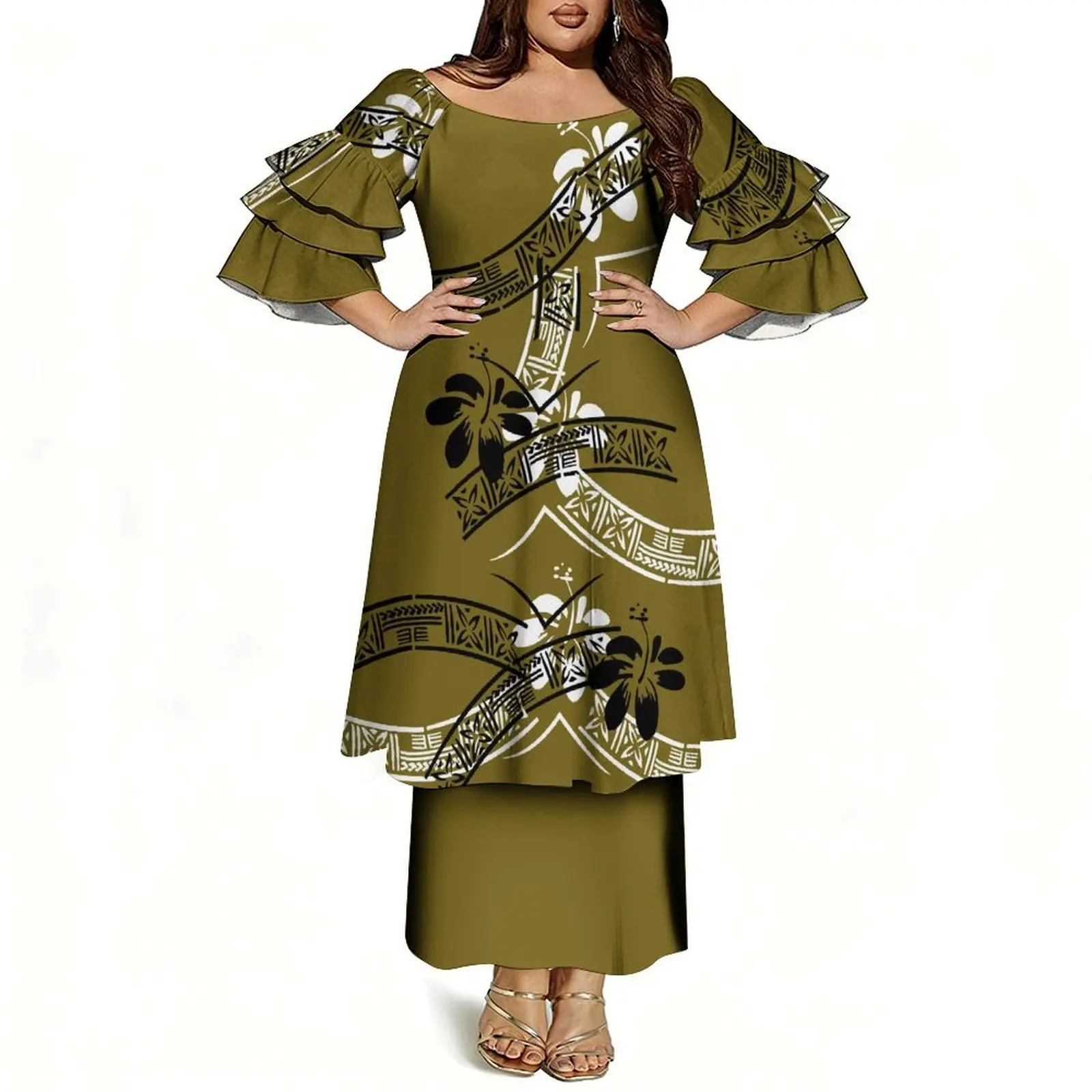Round-Neck Fitted Three-Layer-Sleeve Women'S Elegant Suit Skirt Polynesian Custom Wholesale Printed Puletasi Suit Skirt