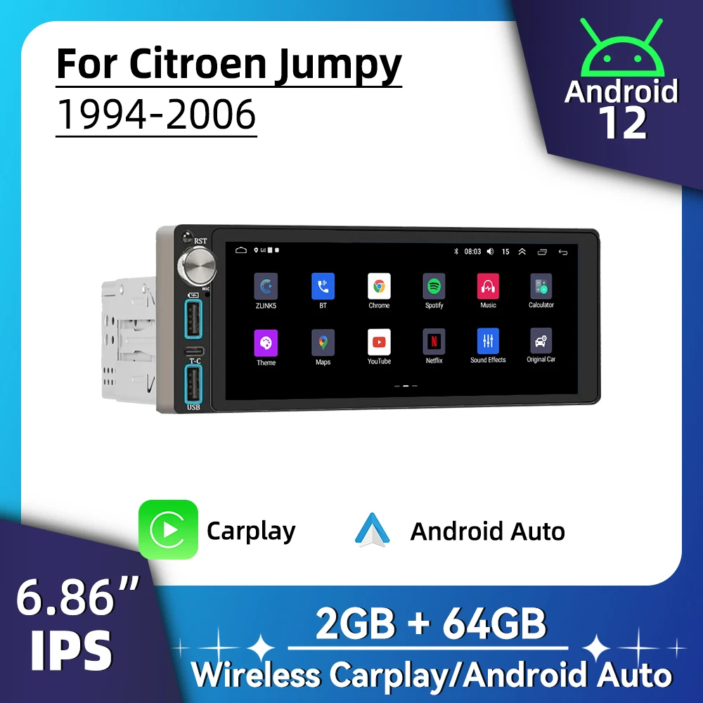 

6.86" Screen Android Car Multimedia for Citroen Jumpy 1994-2006 1 Din Radio Stereo Head Unit Autoradio Carplay GPS BT Navigation