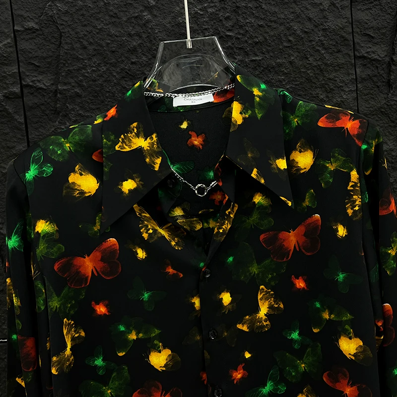 2025 الصيف فراشة الطباعة موضة الشيفون قميص طويل الأكمام الرجال النساء الكتف مبطن قمصان أنيقة غير رسمية