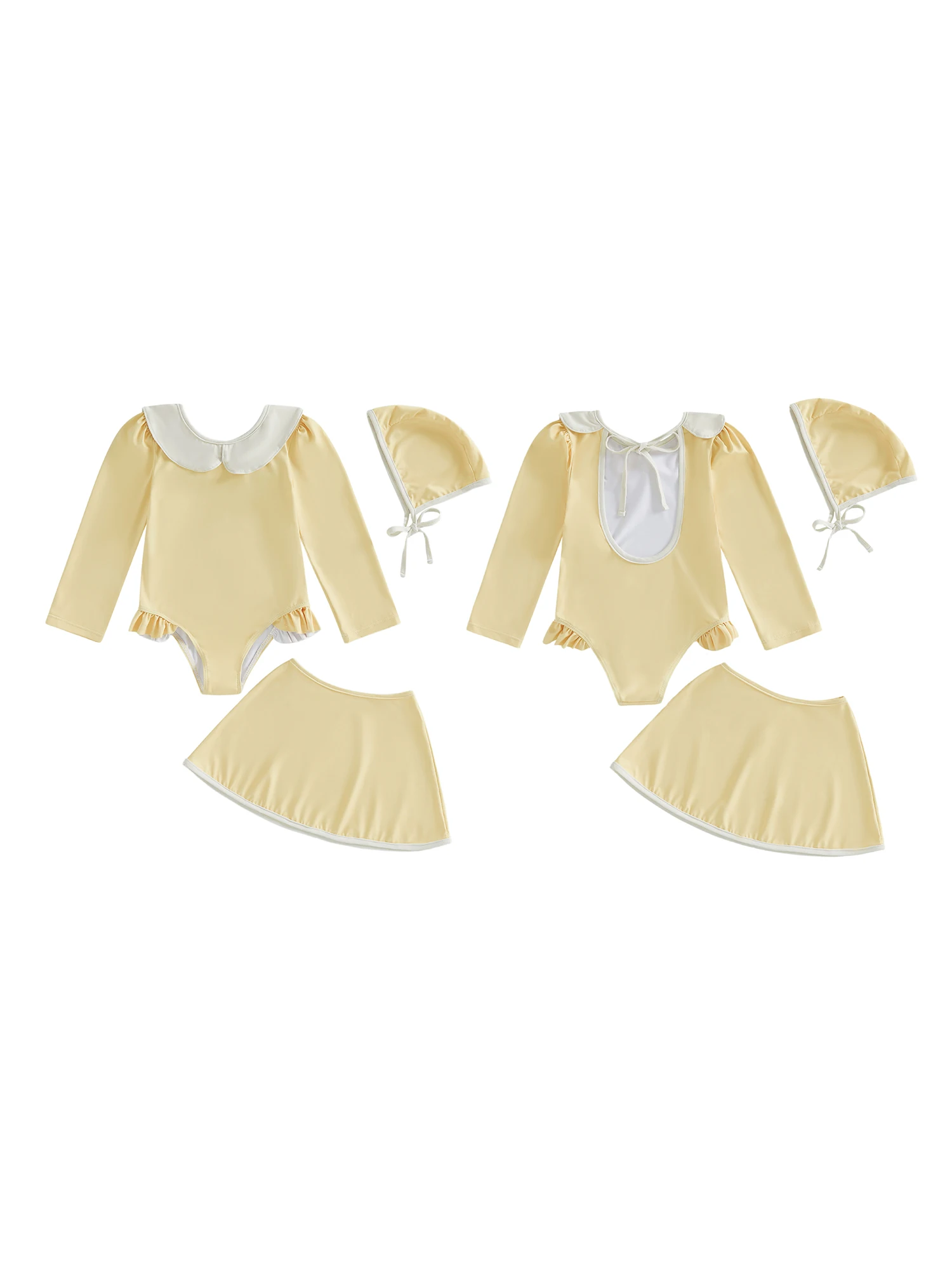 

3-Piece Girls Swimsuit Set with Doll Collar Long Sleeve Rash Guard Contrast Color Swimwear Skirt and Matching Hat