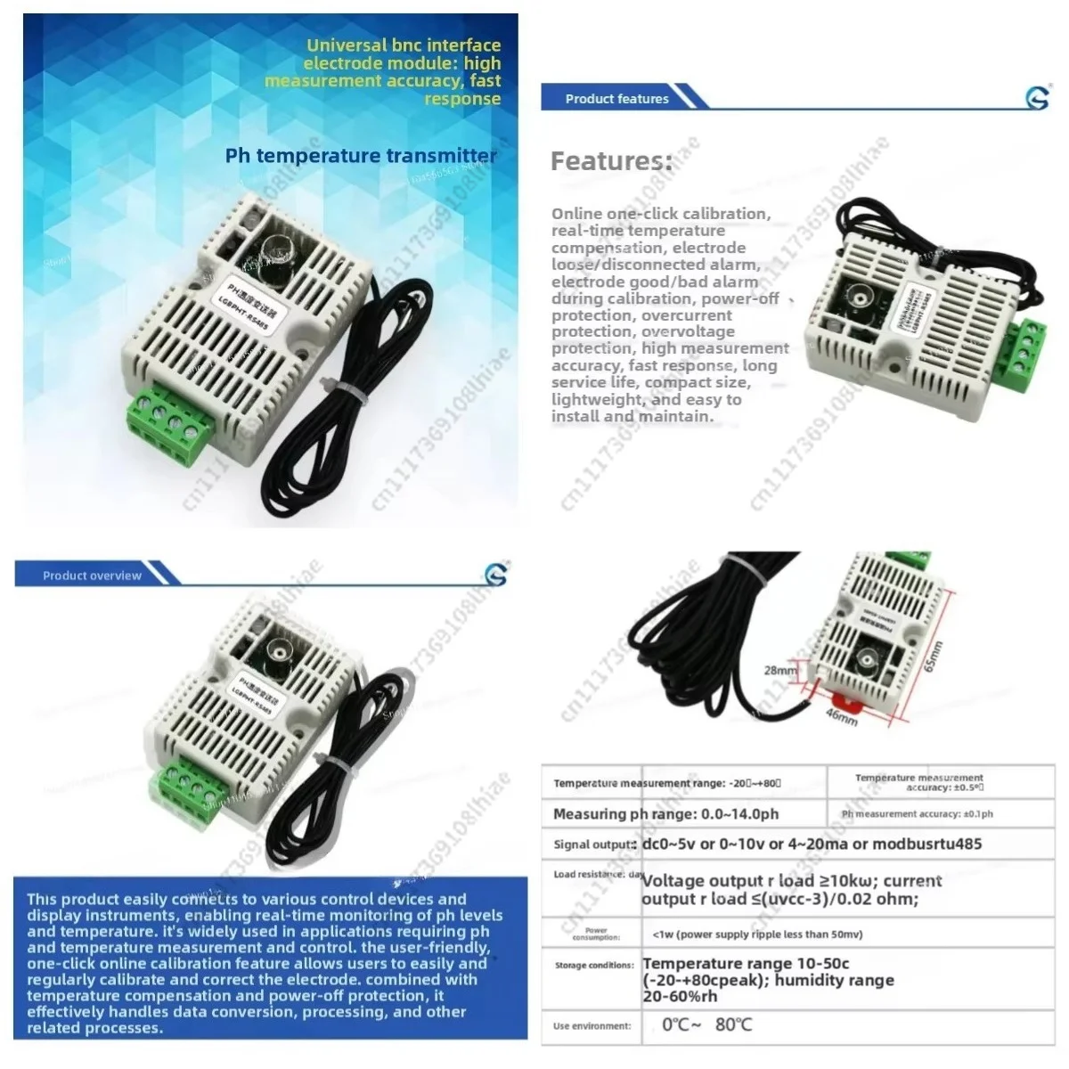 pH Temperature Transmitter Sensor, 4-20mA RS485 Output, Online One-Key Calibration Module for Water Quality Monitoring