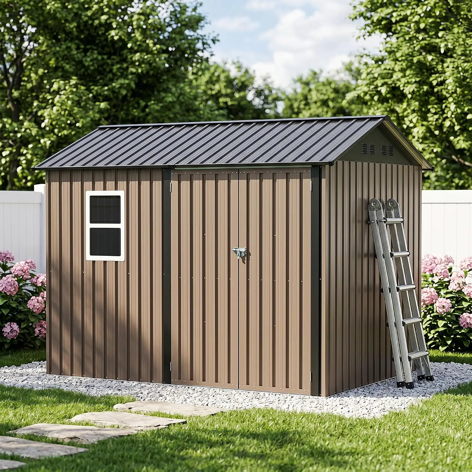 8 x 6 FT Outdoor Storage Shed with Window, Galvanized Steel Storage Shed, Double Lockable Doors, Gable Roof & Air Vent for Backy