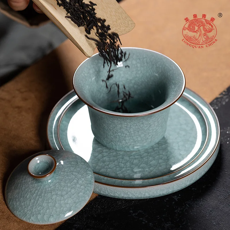 High Quality Celadon Gaiwan Gaiwan Large Ice Crack Hand-Held Tea Bowl Porcelain Set Handmade High-Grade Tea Ceremony Bowl