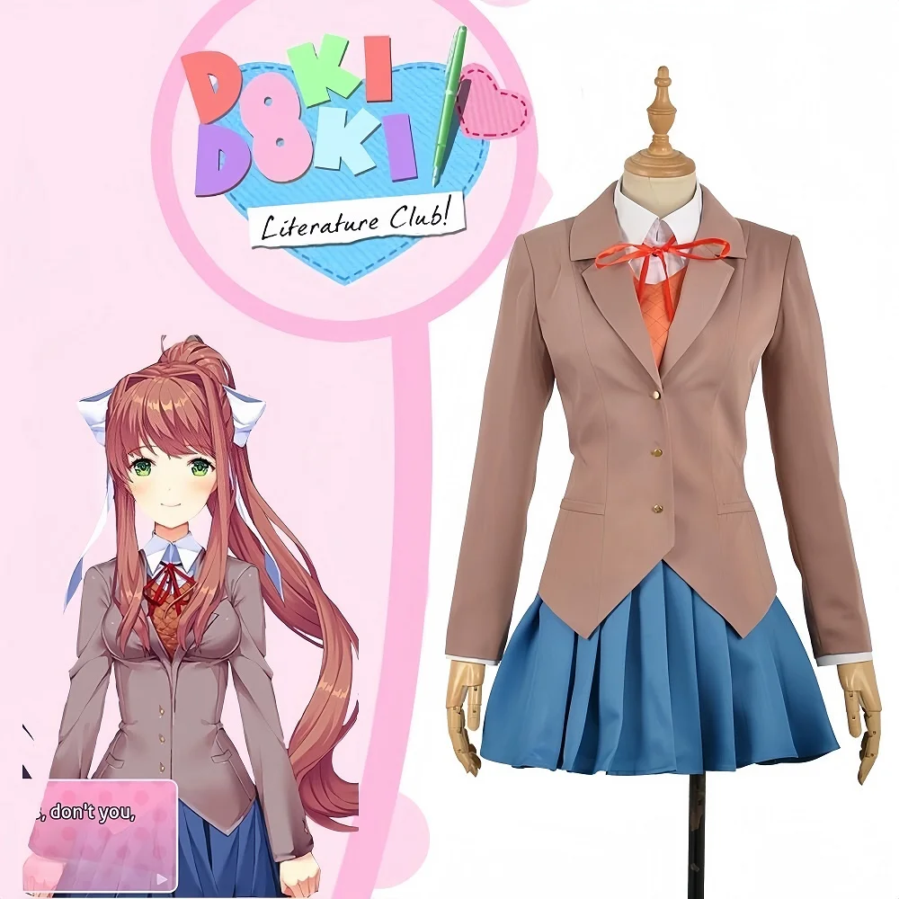 Monika Cosplay-Kostüm – Doki Doki Literature Club Schuluniform-Set mit brauner Jacke und blauem Rock, komplettes Outfit für Halloween-Partys