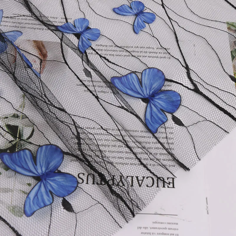 Lolita Black Transparent Blue 3D Butterfly Embroidered Lace Mesh Cloth Transparent Wedding Dress Designer Fabric DIY Handmade