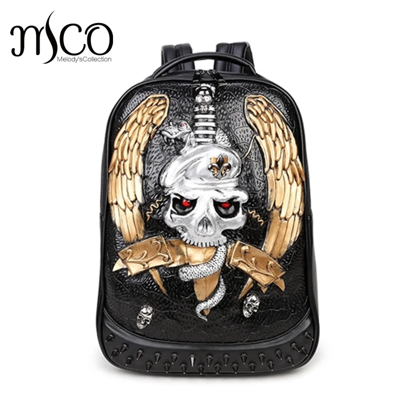 

Men Backpack Rivet 3D Skull Sword Embossed Shoulder double back Bag Travel Restore Halloween Cool alligator Leather laptop Bags