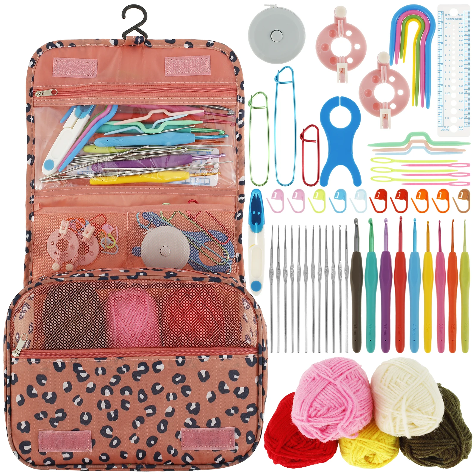 59Pcs Crochet Hooks Kit Knitting Starter Kit Ergonomic Crochet Soft Grip Handle Crochet Tools Include 2.0mm to 6.0mm Metal