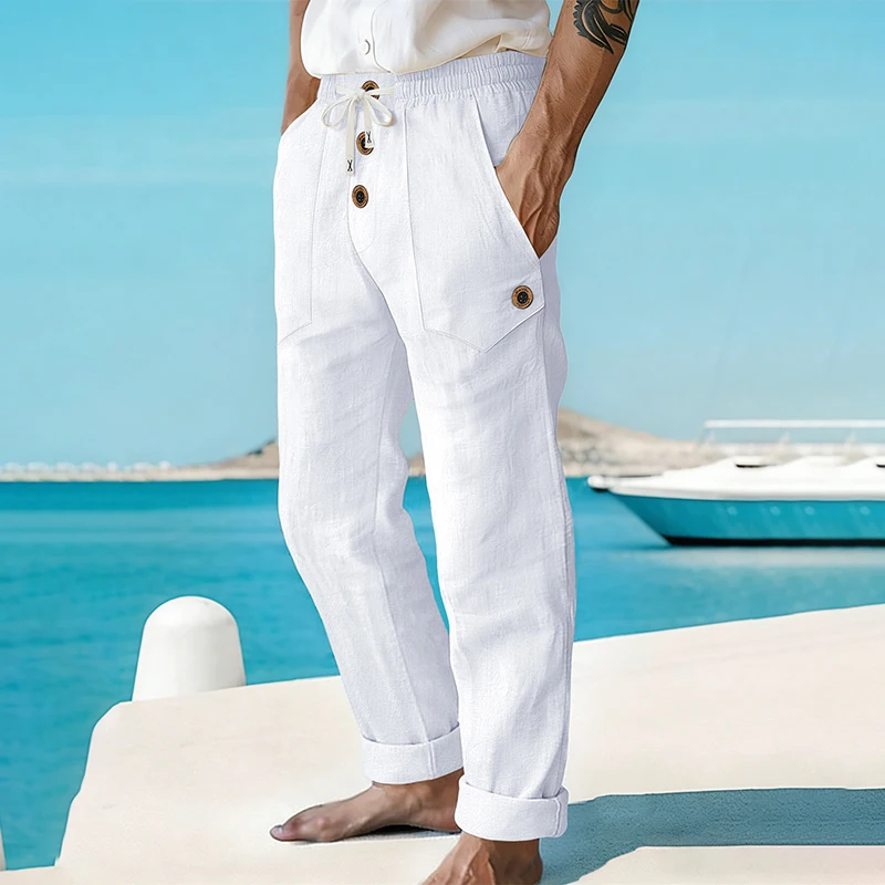 

Men's Linen Drawstring Pants Casual Button Detail Elastic Waist Breathable Beach Vacation Daily Wear Straight Leg Trousers for M