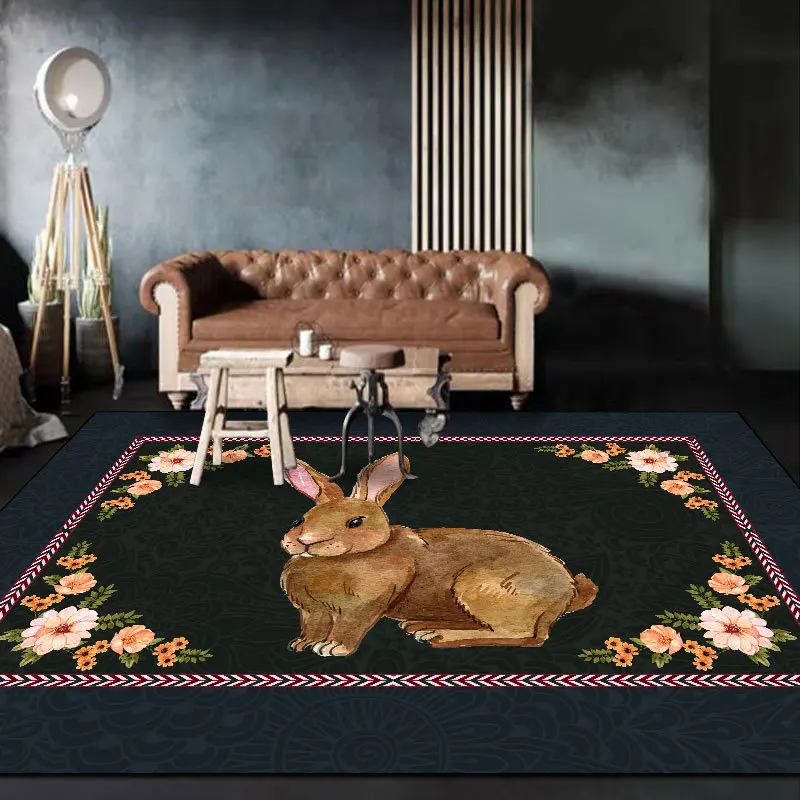 

British Idyllic Easter Bunny Flower Flower Dark Blue Living Room Bedroom Bedside Carpet Floor Mat Anime Floor Mat Dropshipping