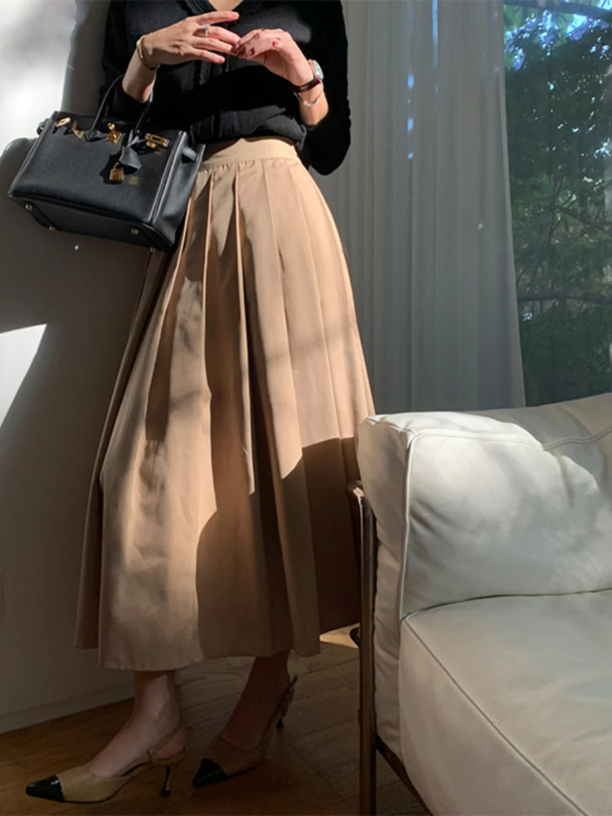 

Elegant High Waist Midi Skirt Women's Pleated A-Line Skirt Casual Polyester Fiber Non-Stretch Spring Autumn New Arrival