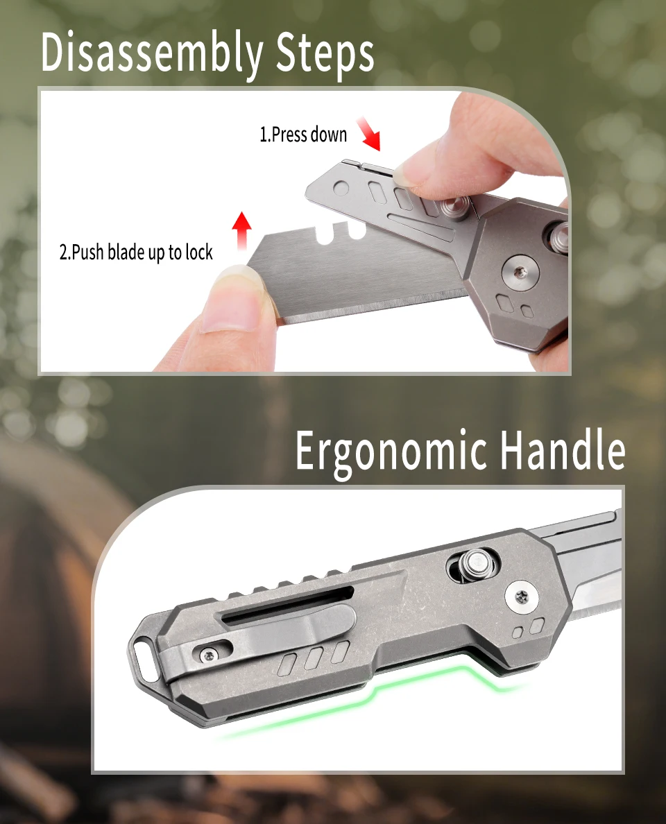 TGZUO Titanium Folding Utility Knife, EDC Pocket Knife with Clipk, Lightweight Box Cutter W/10PCS Razor Blades Outdoor Cutter