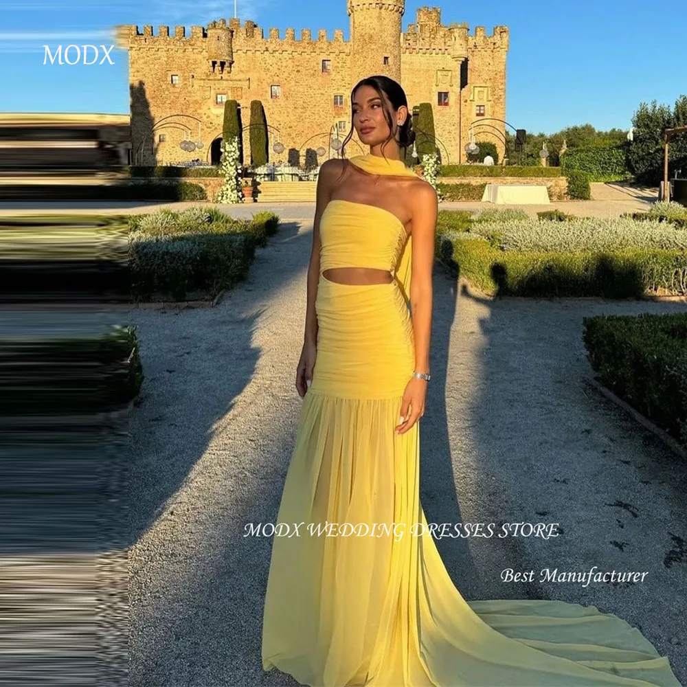 

MODX Sexy Strapless Yellow Mermaid Prom Dresses With Scalf Cut-out Chiffon Evening Gowns Formal Party Dress African Women