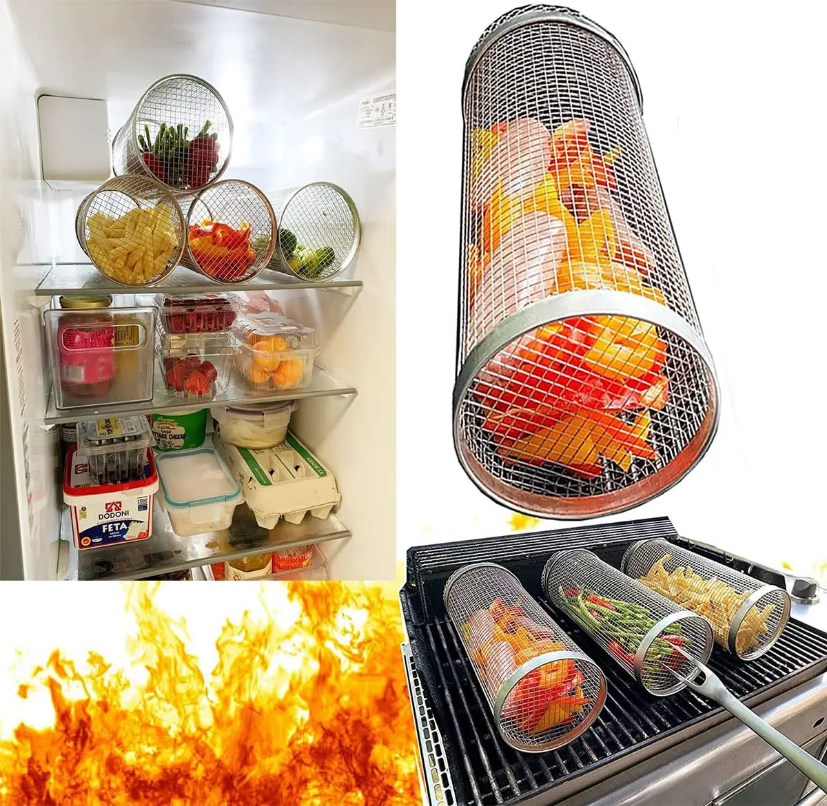 

Rolling Grilling Basket for Outdoor Grill Bbq Net Tube Stainless Steel Round Mesh Barbecue Cage Cooking for Veggies Fish Camping