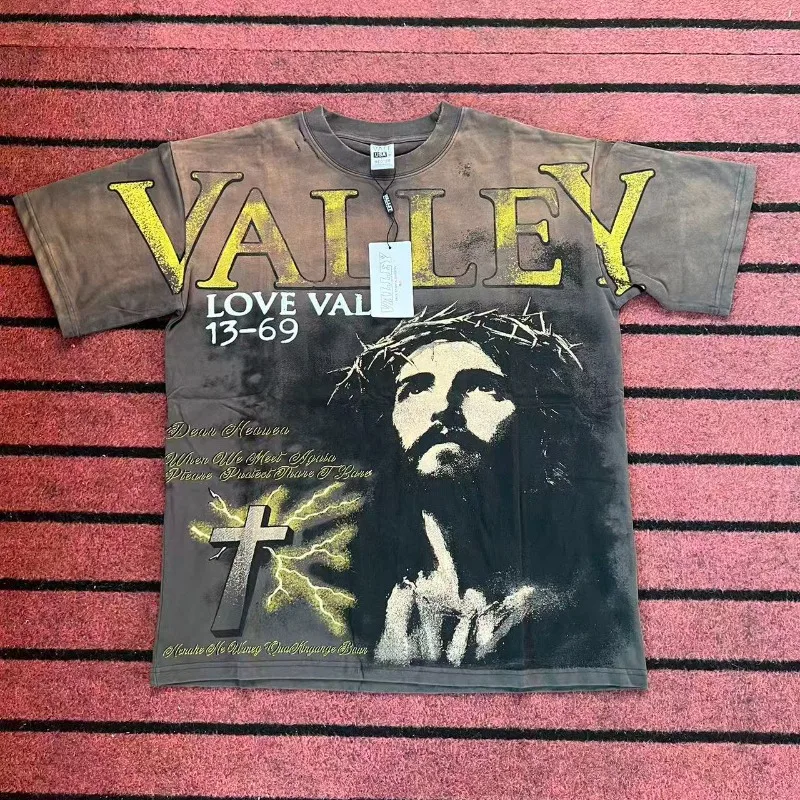 

2025 Washed VALLEY Jesus Print T-Shirts Men Women American Retro Vale Oversized Pure Cotton Short Sleeve