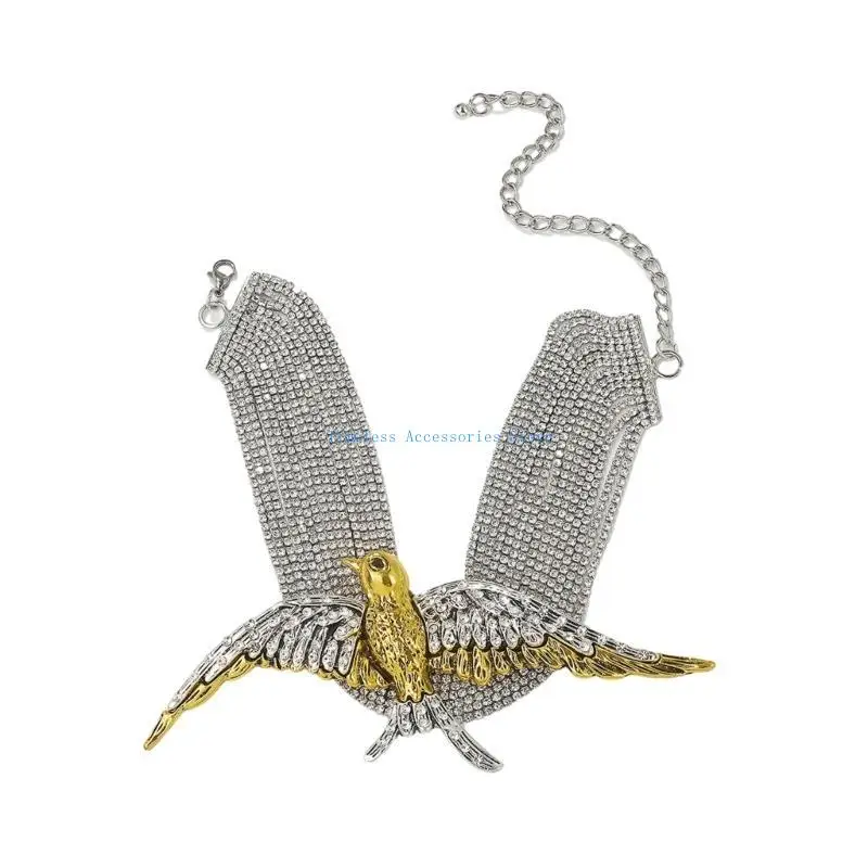 

97QE Exaggerated Bird Swallow Neckchain Multi tierd Full Diamond Necklace Vintage Collarbone Chain Accessory Necklace Choker