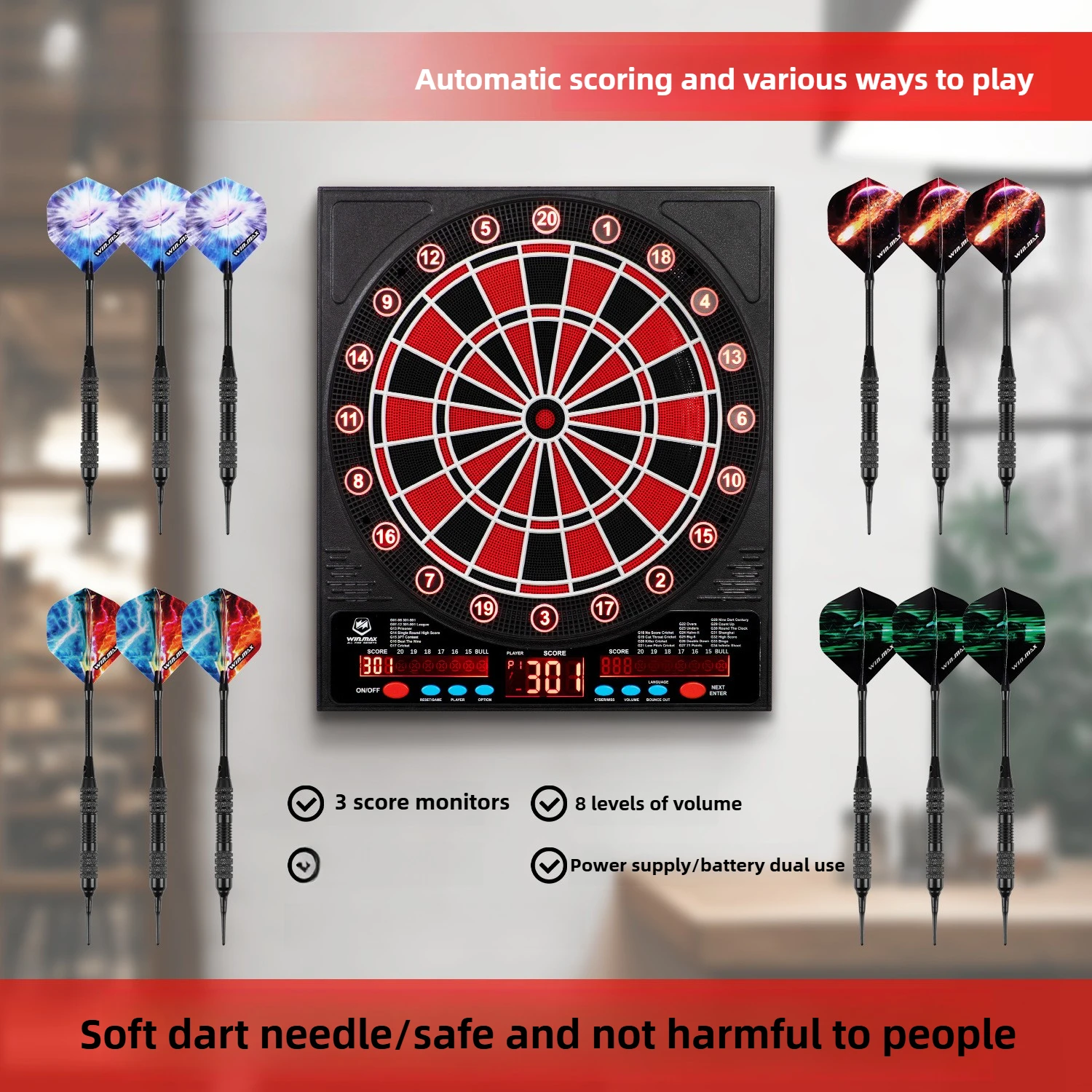 

Square electronic dart board with luminous LED display screen, automatic scoring honeycomb dart board set with 12 darts