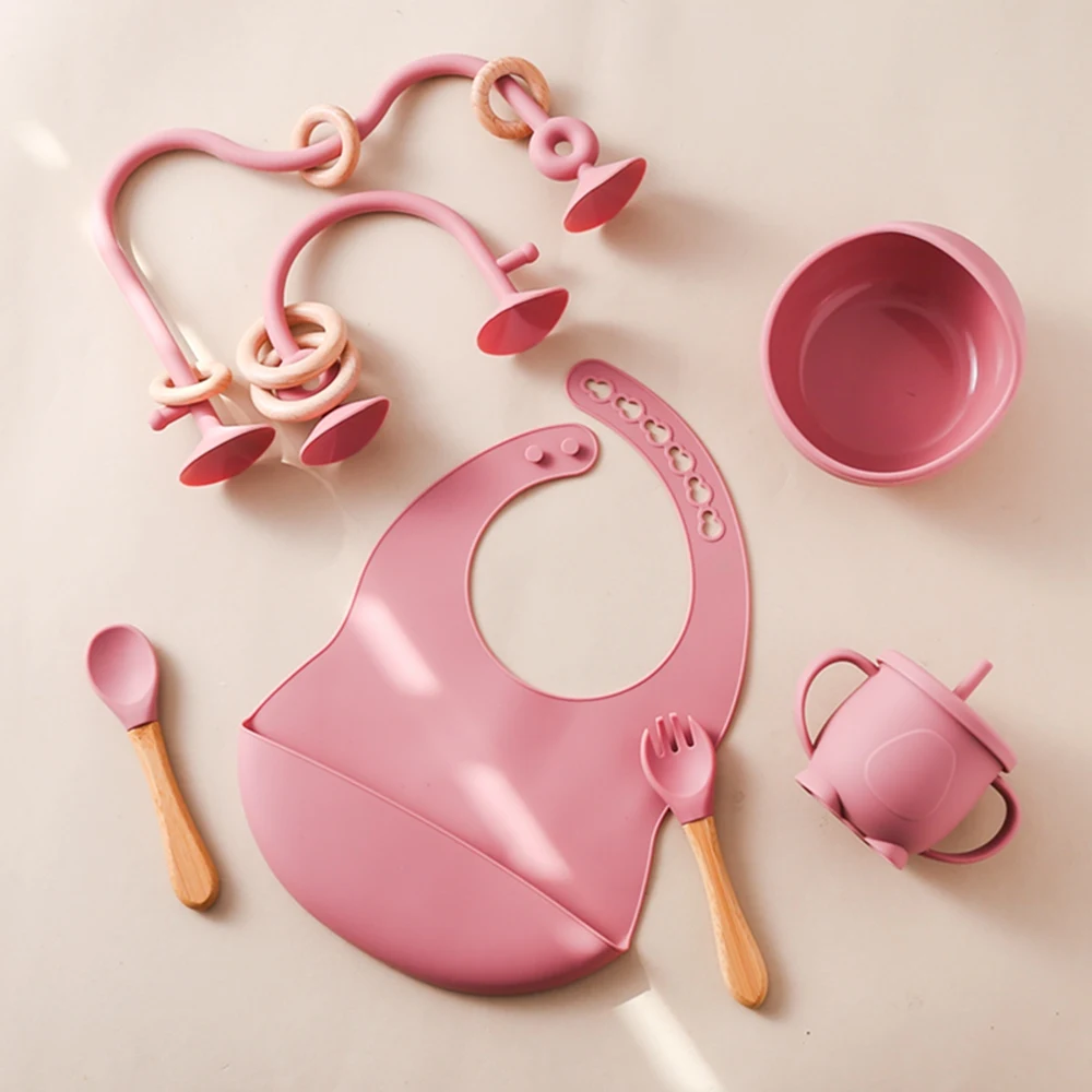 7Pcs Baby Silicone Tableware Feeding Set BPA Free Silicone Cup Bowl Wooden Handle Frok Spoon Baby Dinnerware Feeding Supplies