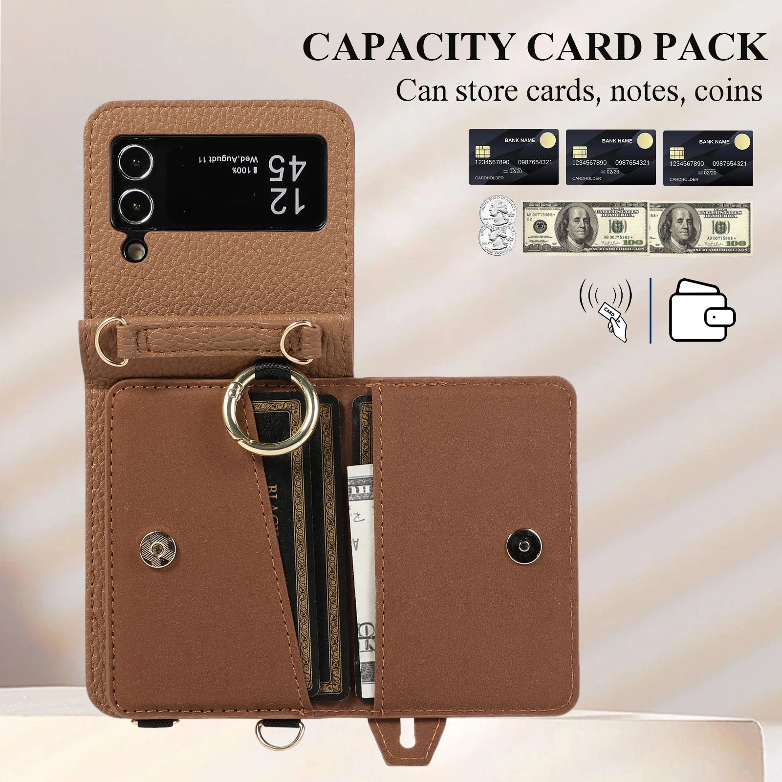 Crossbody Wristband Cards Solt Wallet Leather Case For Samsung Galaxy Z Flip 5 4 3 5G Long Lanyard Bag Pocket Ring Holder Cover