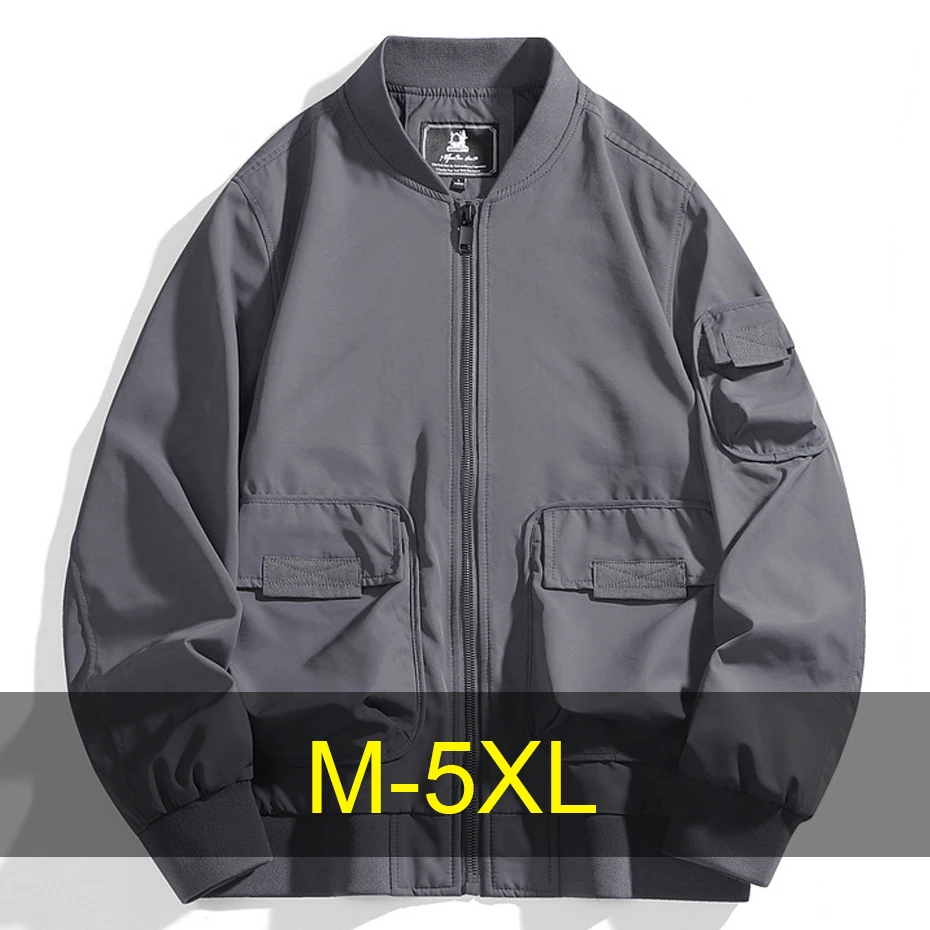 

Varsity Jackets Men's Baseball Bomber Jacket Plus Size 5XL Cargo Coat Spring Autumn O-neck Coat Solid Color Outerwear Black