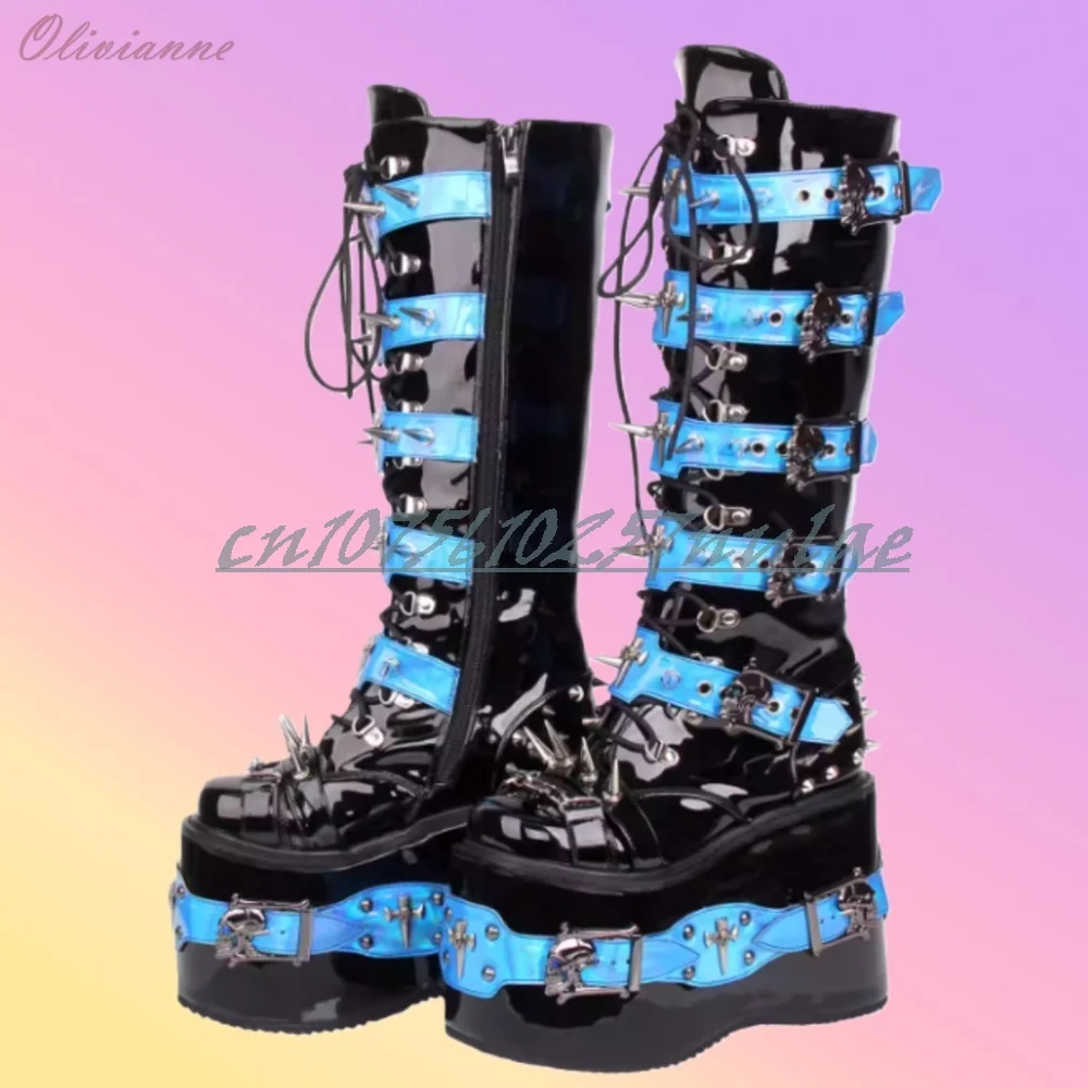 

Blue and Black Patent Leather Mid Calf Boots Round Toe Strappy Thick Soled Buckle Fashion Sexy Women Shoes Zapatos Para Mujere