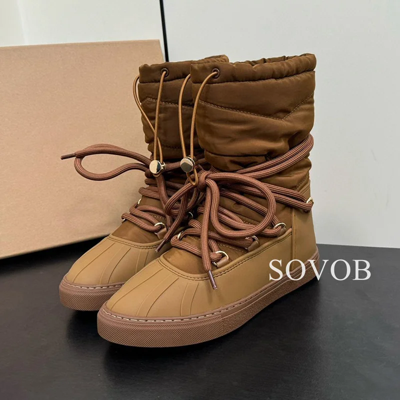 New Winter Solid Color Lace Up Flat Bottomed Short Boots Women Round Toe Retro Anti Slip Warm Snow Boots Versatile Ankle Boots