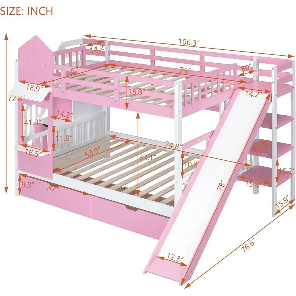 Kids Bunk Bed with Stairs, Slide, and Storage Drawers, Castle-Style for Girls and Boys, Pink