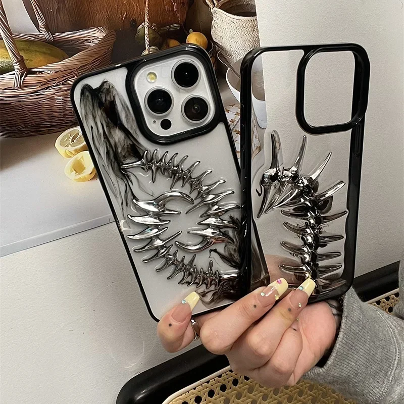 3D Dyeing metal Fishbone Transparent phone case For iphone 16 15 14 plus 13 12 11 Pro Max shockproof Anti-fall TPU soft shell