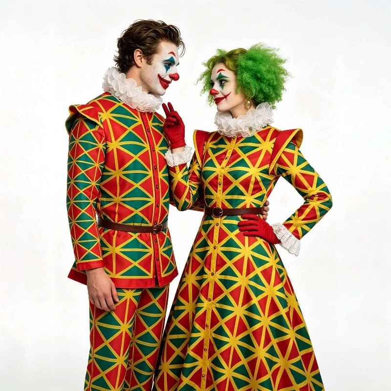 

Medieval Circus Clown Cosplay Costume Yellow Red Green Stripes Gown Role Play Outfit for Women Men Halloween Party