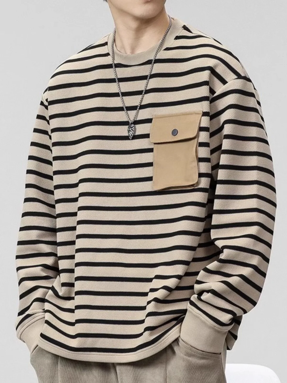 

Men's Japanese Retro Striped Long Sleeve T-Shirt - Khaki Oversized Loose Fit Collar Shirt with Pocket, Spring Fall Casual Top