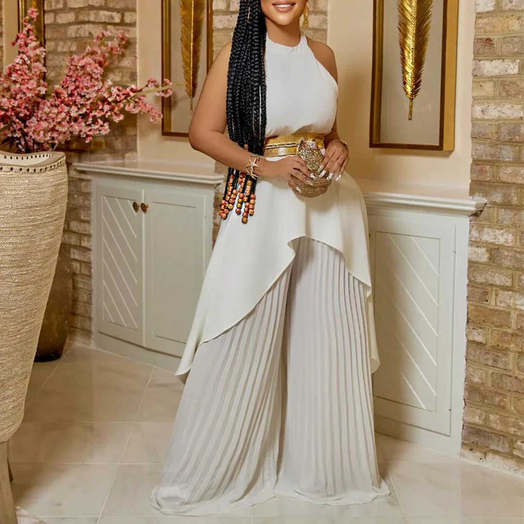 

C8534p Summer Fashion Two-piece Set With Belt, Sleeveless Backless Irregular Long Skirt And Wide-leg Pants Set Luxury Midi