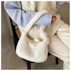 ISKYBOB Fashion Solid Color Plush Shoulder Bag for Women Cute Soft Winter Handbags Luxury Designer Ladies Clutch Underarm Bag