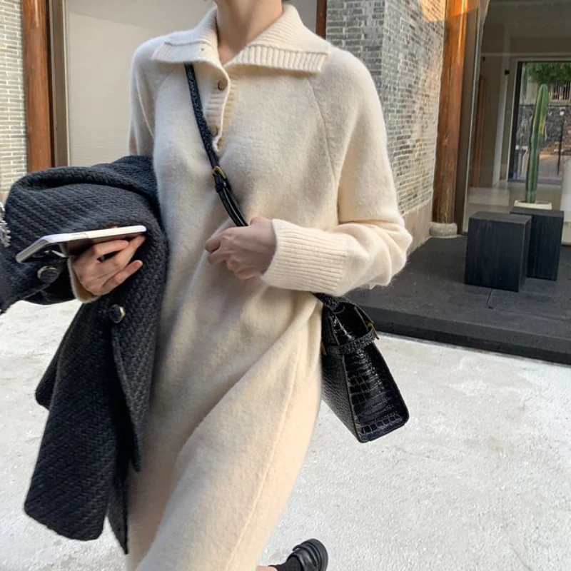 Knitting Midi Dress Women Clothing Winter Warm Minimalist 3-Colors Inside Basic Korean Fashion Gentle Cozy Lapel  Casual