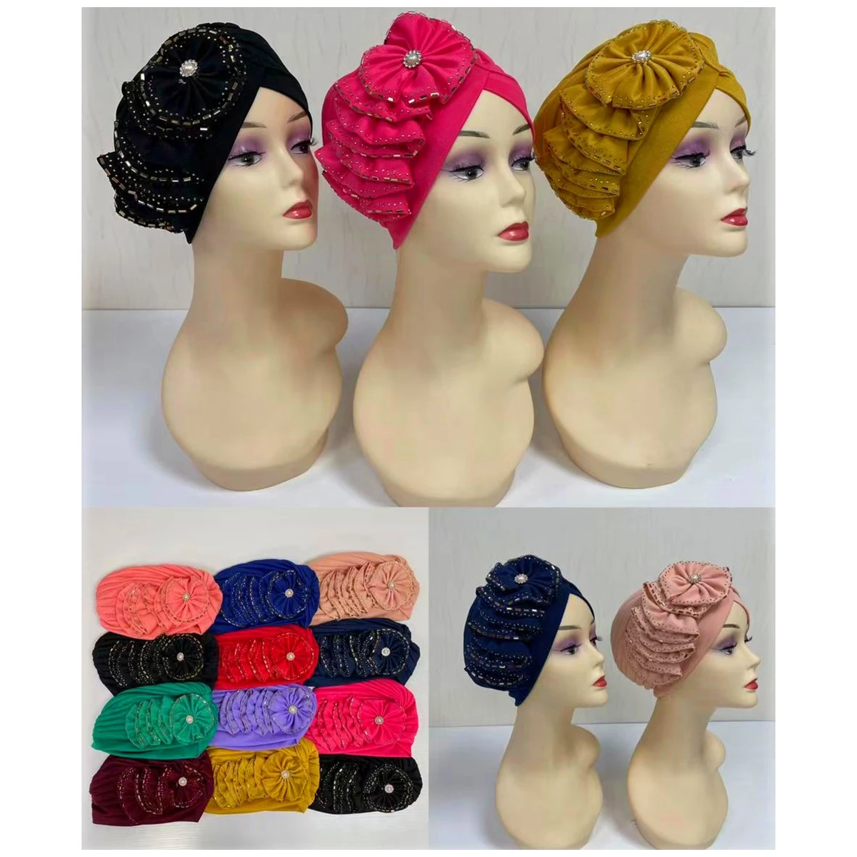 Women Cap Beaded For India Hat Scarfs Head Wrap Headband Girl Hair Accessories Lady Comfortable Worship Hat Twisted Turban Hats