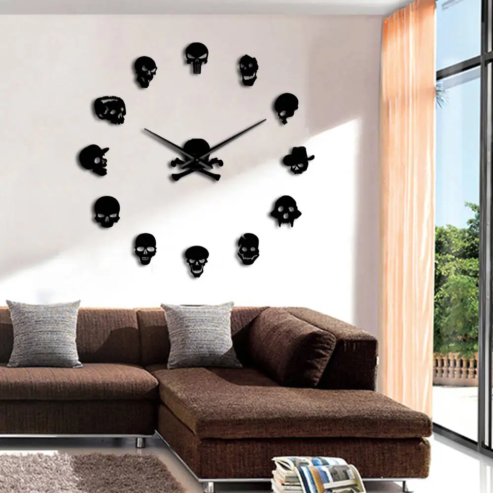 Different Skull Heads DIY Horror Wall Art Giant Wall Clock Big Needle Frameless Zombie Heads Large Wall Watch Halloween Decor