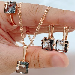 Kinel Hot Shiny Grey Natural Zircon Jewelry Sets for Women Fashion 585 Rose Gold Color Ring Earrings Necklace Daily Fine Jewelry