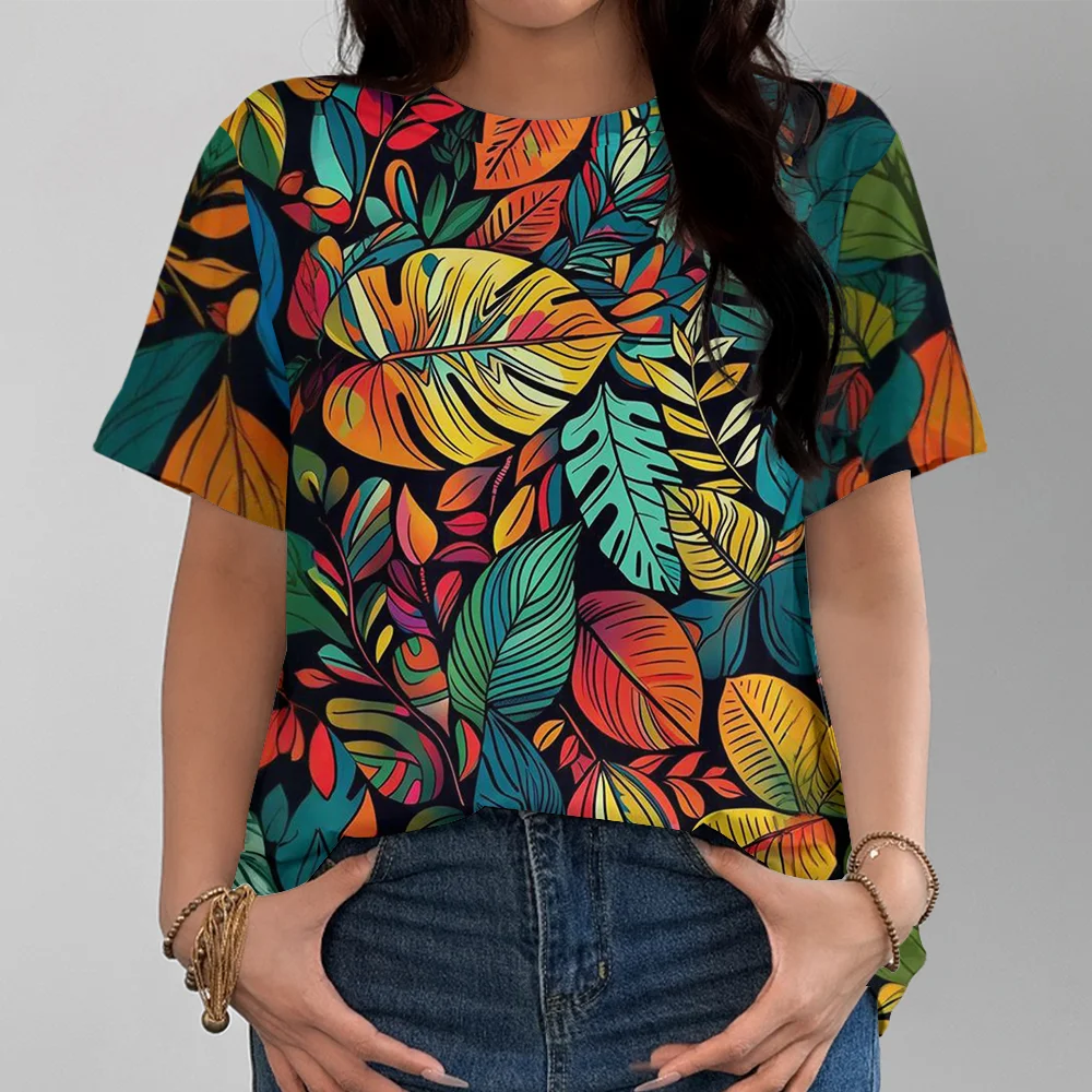 

Abstract Illustration Vibrant Tropical Leaf Print Black Women's T-shirt Fashionable and Casual Summer Short Sleeve Y2K