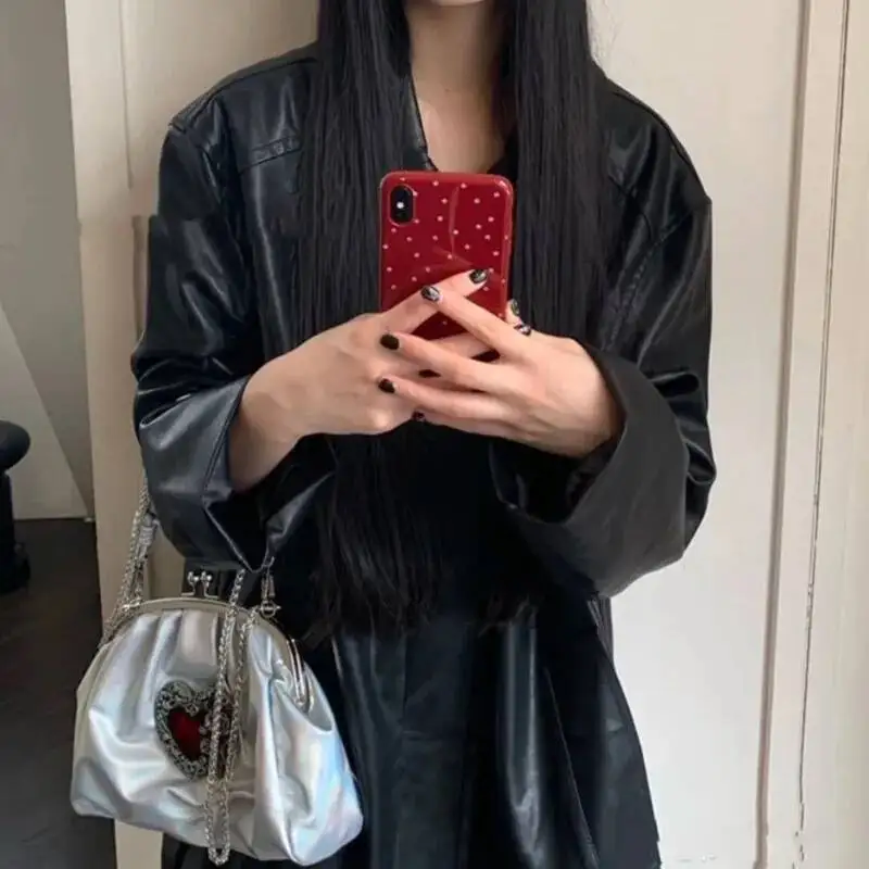 Bloom Retro Laser Heart Niche Design Handbag Women Chain Pleated Petite Shoulder Ladies Y2k Aesthetics Crossbody Bag Purse