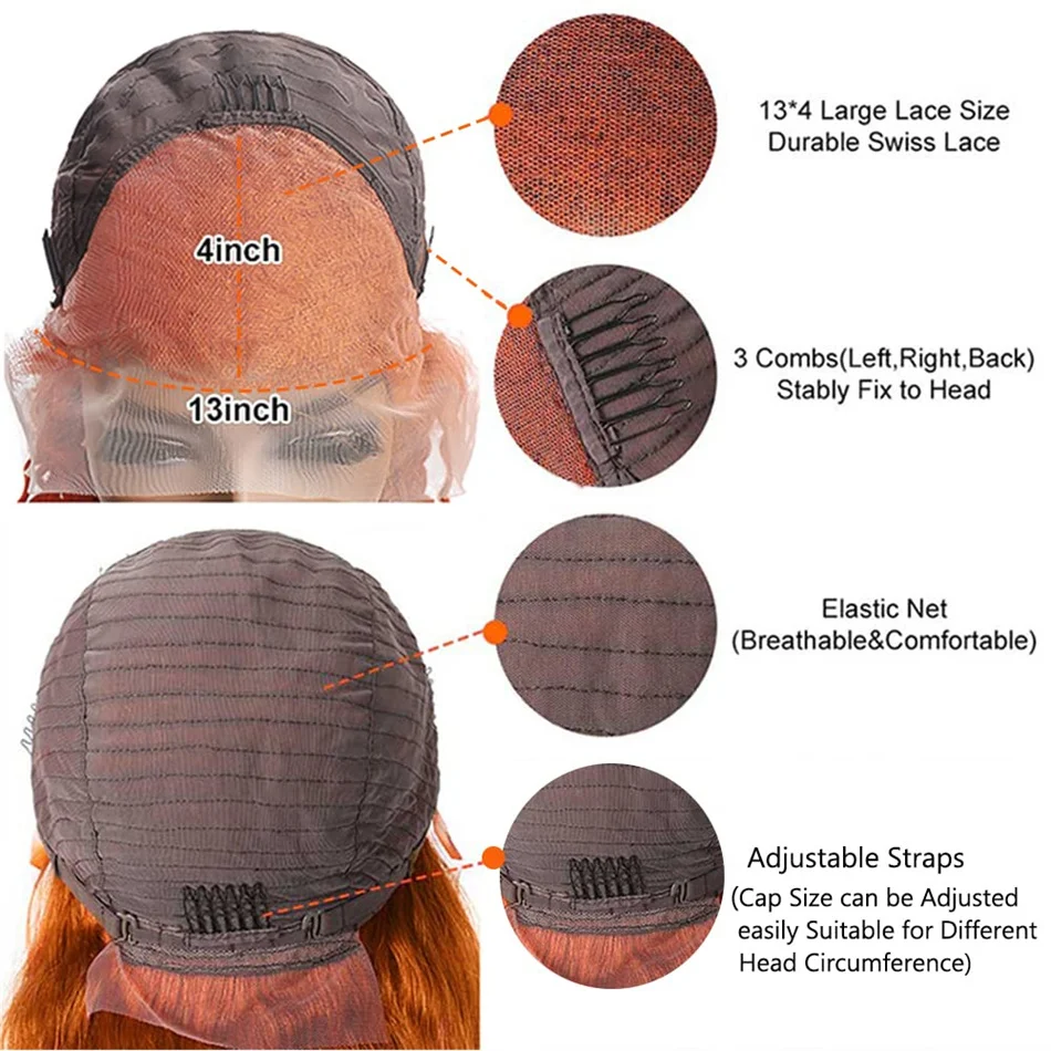 인모 밥 가발, 13x4 앞머리 레이스 가발, 생강 레이스 앞머리 가발, 미리 뽑은 짧은 주황색 350, # 투명 가발