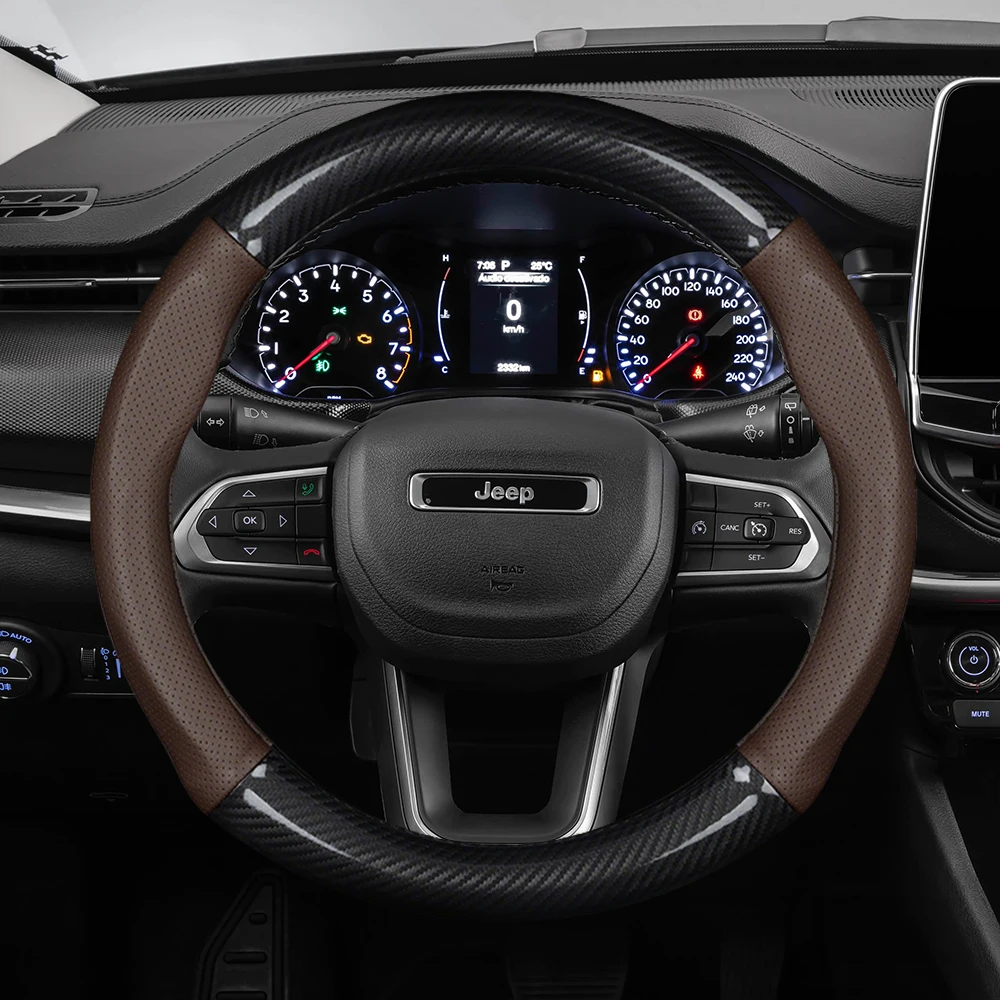 

For JEEP Steering Wheel Cover Carbon fiber Leather Compass Cherokee Renegade Wrangler Patriot Grand Commander Wagoneer Avenger
