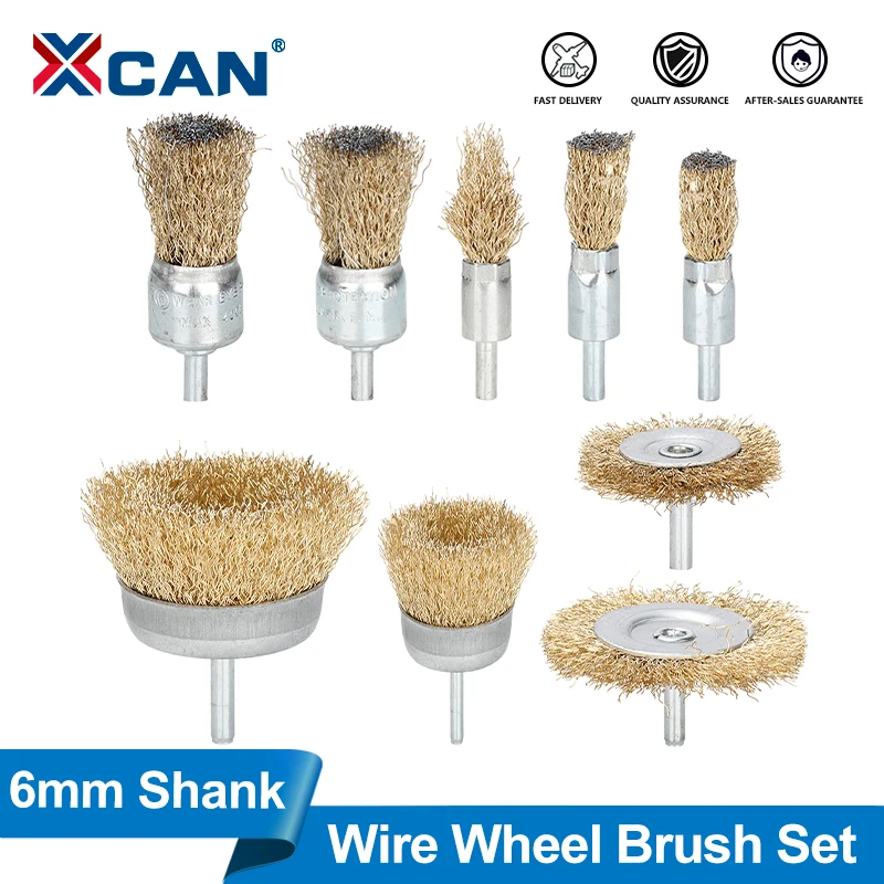 XCAN 9pcs Steel Wire Brush Wheel Cup Brush Set Drill Rotary Tools 6mm Shank Wire Wheel For Drill Attachment Metal Rust Polishing