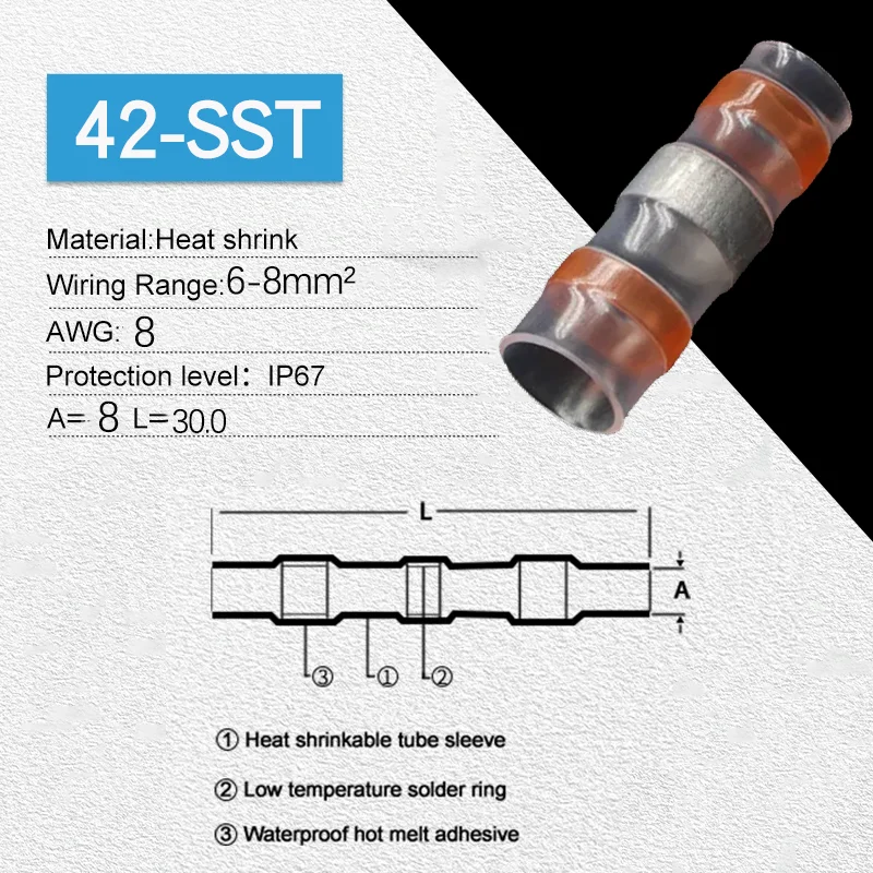Heat Shrink Solder Seal Wire Connectors Kit Waterproof Butt Electrical Terminals Insulated Shrinkage Sleeve Splice 10mm2  8 AWG
