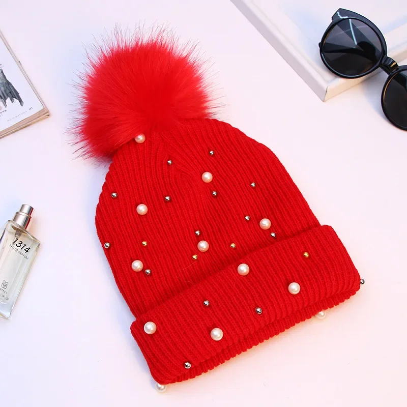 Fashion Pompom Knitted Wool Hat With Pearls Beads Caps For Women Beanie Winter Spring Outdoor Warm Cap Beanies Bonnet