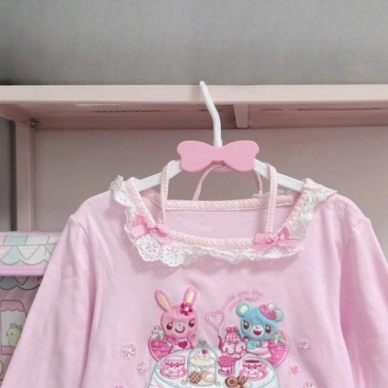 اليابانية الكرتون تي شيرت مطرز المرأة الحلو Y2k الجمالية الدانتيل المرقعة القمم الفتيات Harajuku الجرونج Kawaii لطيف القوس تيز #5